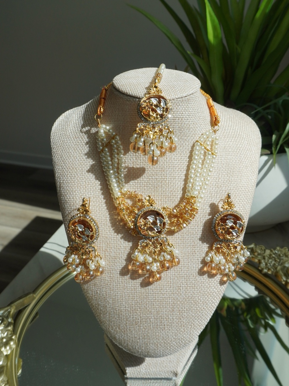 Gold and Pearl Bridal Necklace Set  Choker with Statement Earrings & tikka